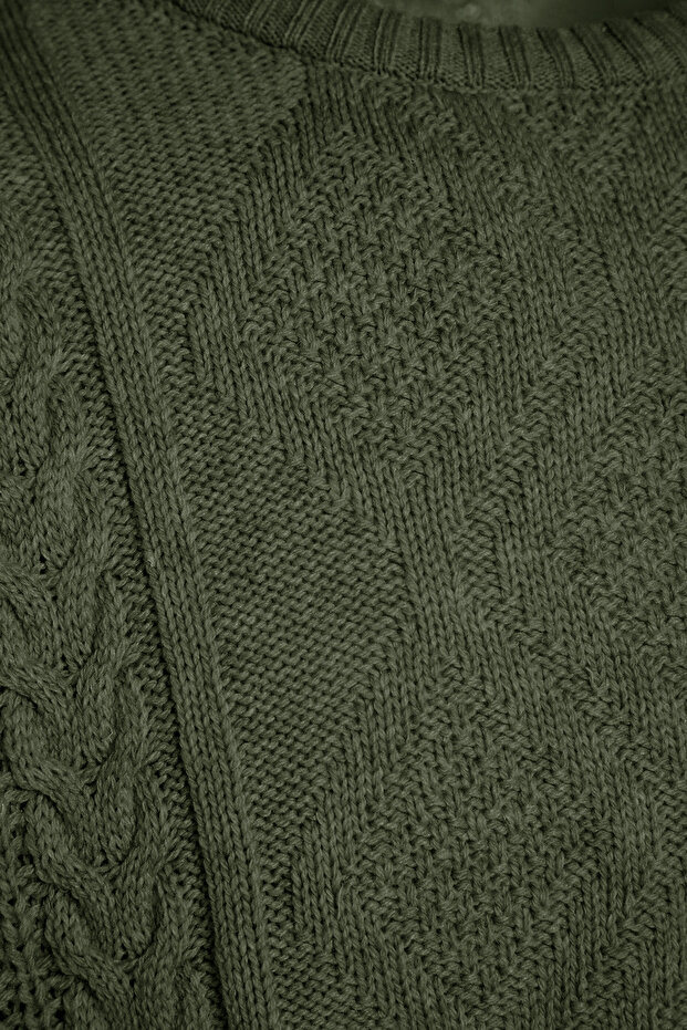 Haki Oversize Bisiklet Yaka Saç Örgü Kazak TMNAW23KZ00280 - 7