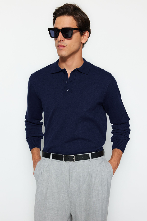 Lacivert Erkek Regular Polo Yaka Düz Triko Kazak TMNAW24KZ00067 - 3