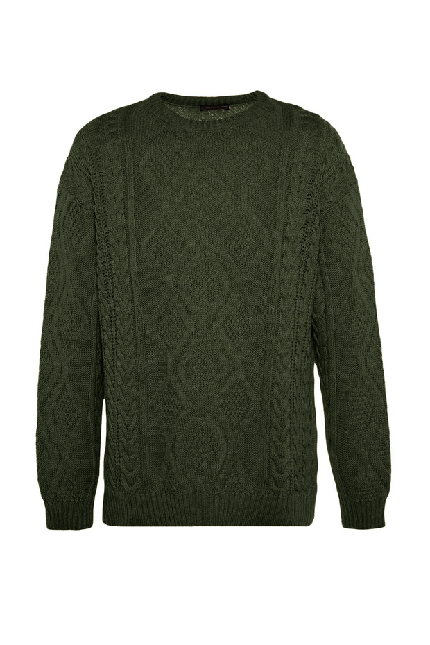 Haki Oversize Bisiklet Yaka Saç Örgü Kazak TMNAW23KZ00280 - 8