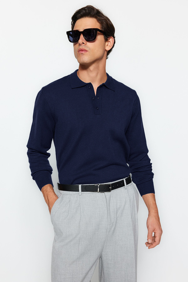 Lacivert Erkek Regular Polo Yaka Düz Triko Kazak TMNAW24KZ00067 - 2