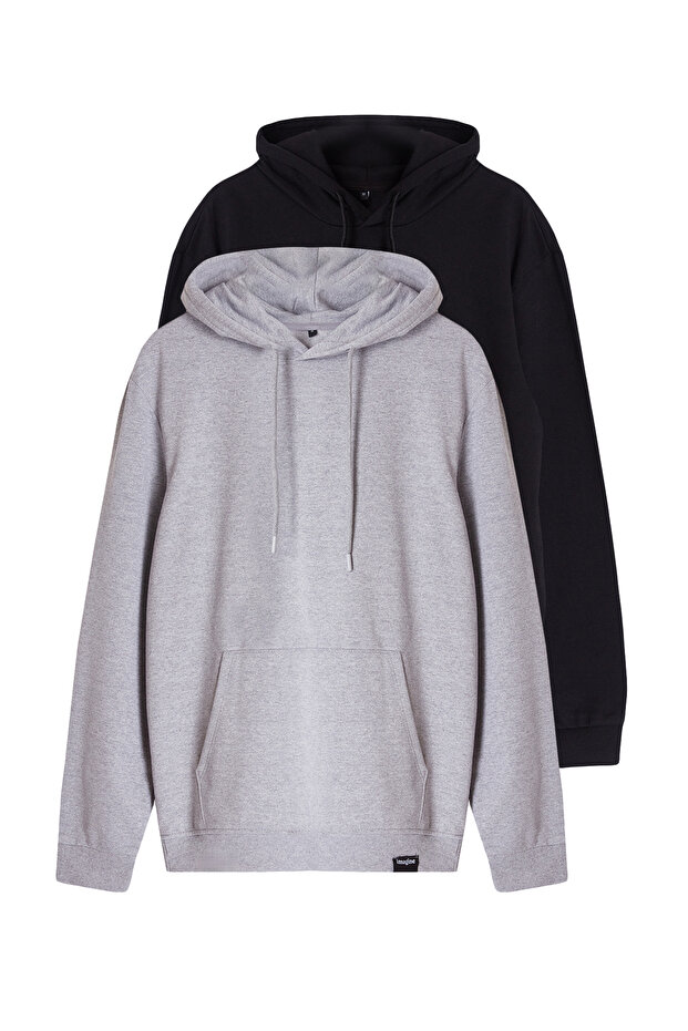 Siyah-Gri Melanj 2'li Paket Kapüşonlu Regular Kesim İçi Polarlı Sweatshirt TMNAW24SW00000 - 3