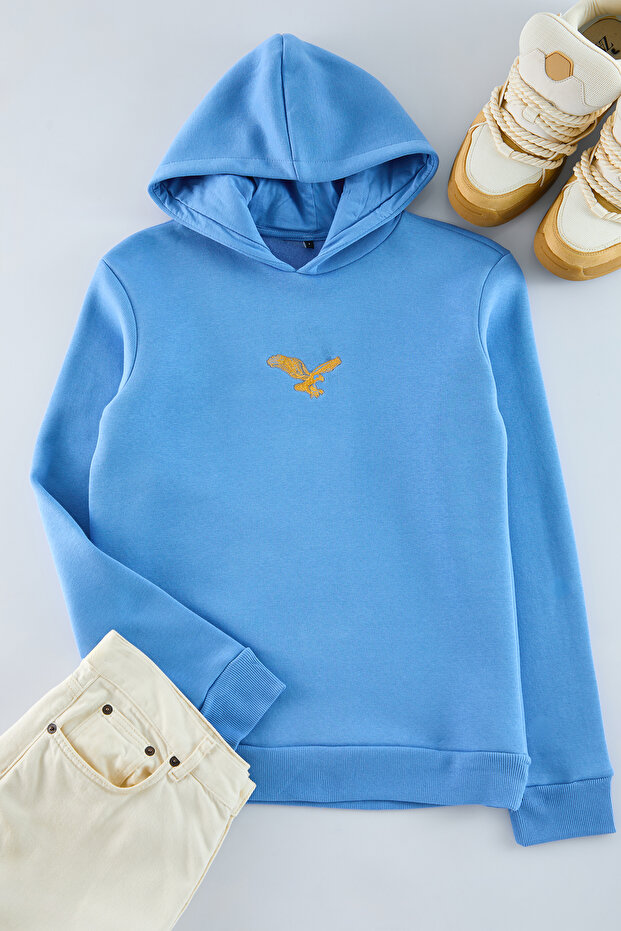 Mavi Regular/Normal Kesim Hayvan Nakışlı İçi Polarlı Kapüşonlu Sweatshirt TMNAW25SW00094 - 6