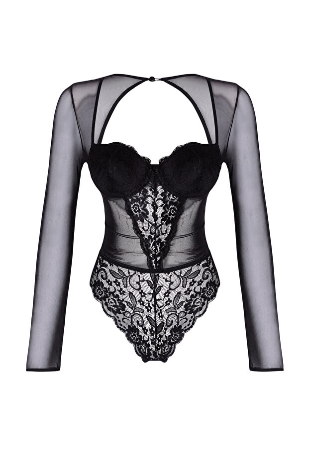 Siyah Dantelli Cut Out/Pencere Detaylı Kaplı Örme Body THMAW25BD00003 - 5