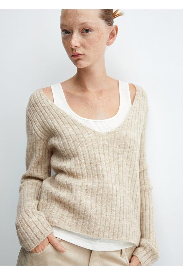 V yaka lastik örgü kazak - 7