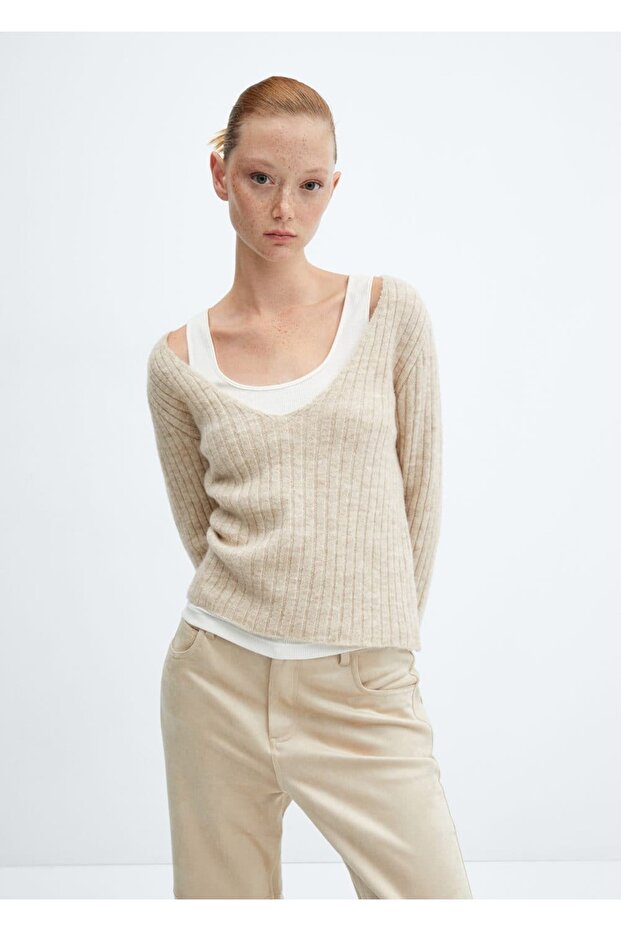 V yaka lastik örgü kazak - 1