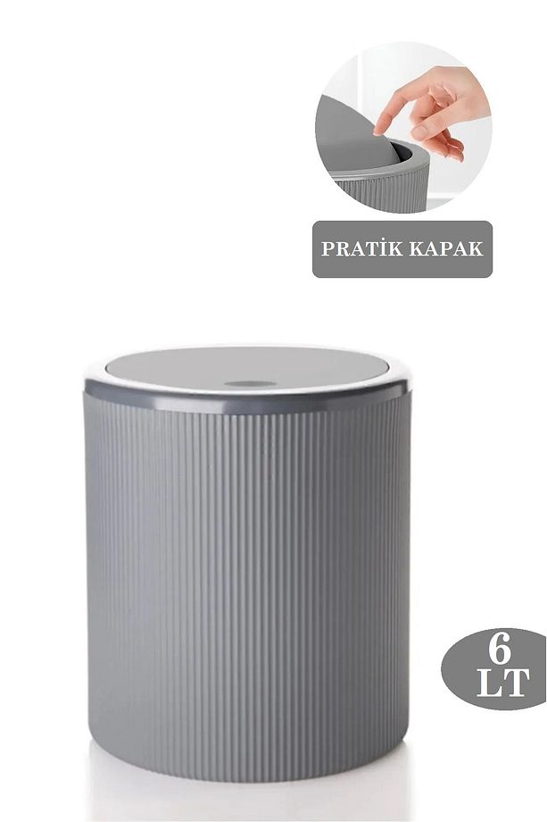 6 Lt Pratik Kapak Mutfak Çöp Kovası - Çizgili Tasarım Yuvarlak Banyo Çöp Kovası - 1