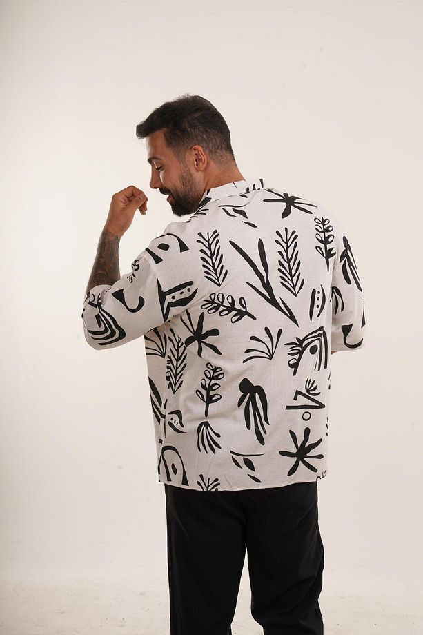 Siyah Sembol Desen Tek Cepli Oversize Keten Gömlek EST E70184 - 1