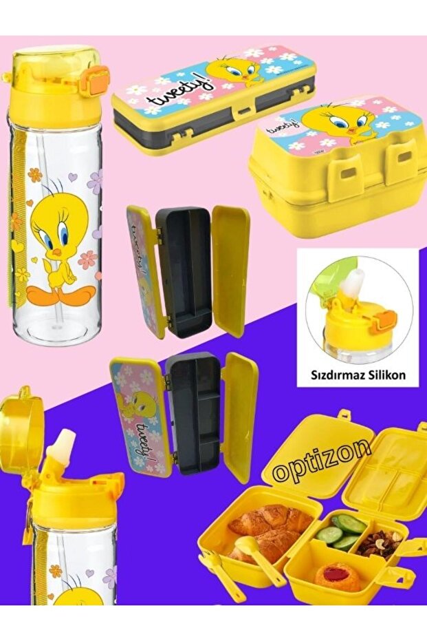 مجموعة التغذية Optizon Tweety المكونة من 3 قطع - وعاء ماء مقاوم للتسرب - حافظة أقلام بـ 4 أقسام - حافظة أقلام بـ 7 أقسام
