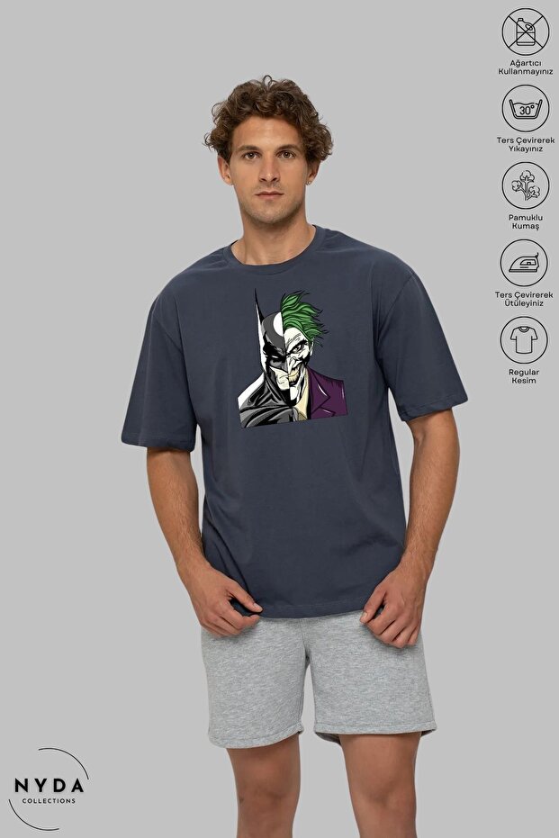 Men's Oversize Crew Neck Cotton Batman And Joker Printed Short Sleeve T-Shirt