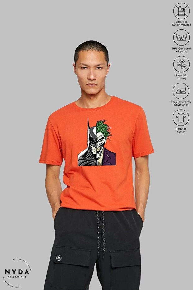 Men's Oversized Crew Neck Cotton T-Shirt with Batman and Joker Printed and Short Sleeves