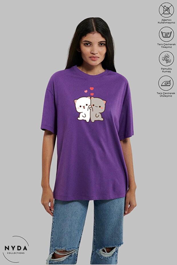 Unisex Crew Neck Heart Bubu Dudu Printed Cotton Oversize Short Sleeve T-Shirt