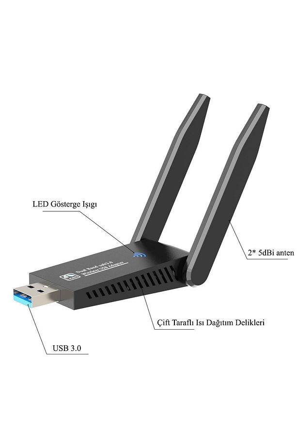 Yüksek Kalite Çift Antenli Ac1300 Mbps Dual(ÇİFT) Bant Usb 3.0 Adaptör Kablosuz Usb Wifi Adaptörü - 4