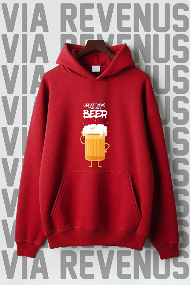 Beer Printed Kangaroo Pocket 3 Threaded Yarn Oversize Wide Fit Hooded Sweatshirt