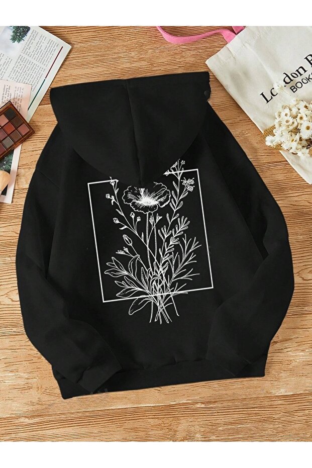 Unisex Black Square Floral Printed 3 Thread Hooded Hoodie Sweatshirt