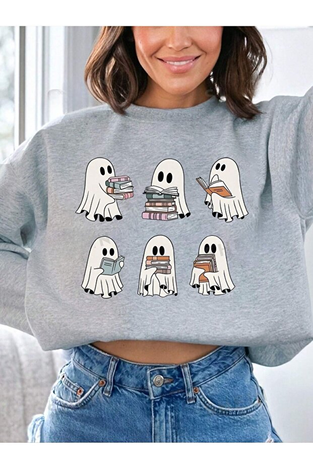 Women's Gray Ghosts Reading a Book Printed Biskletyaka Hoodie Sweatshirt