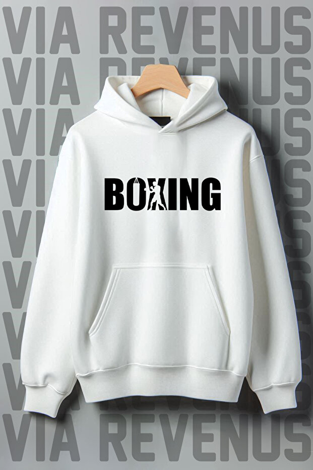 Boxing Printed Kangaroo Pocket 3 Thread Raised Oversize Wide Fit Hooded Sweatshirt