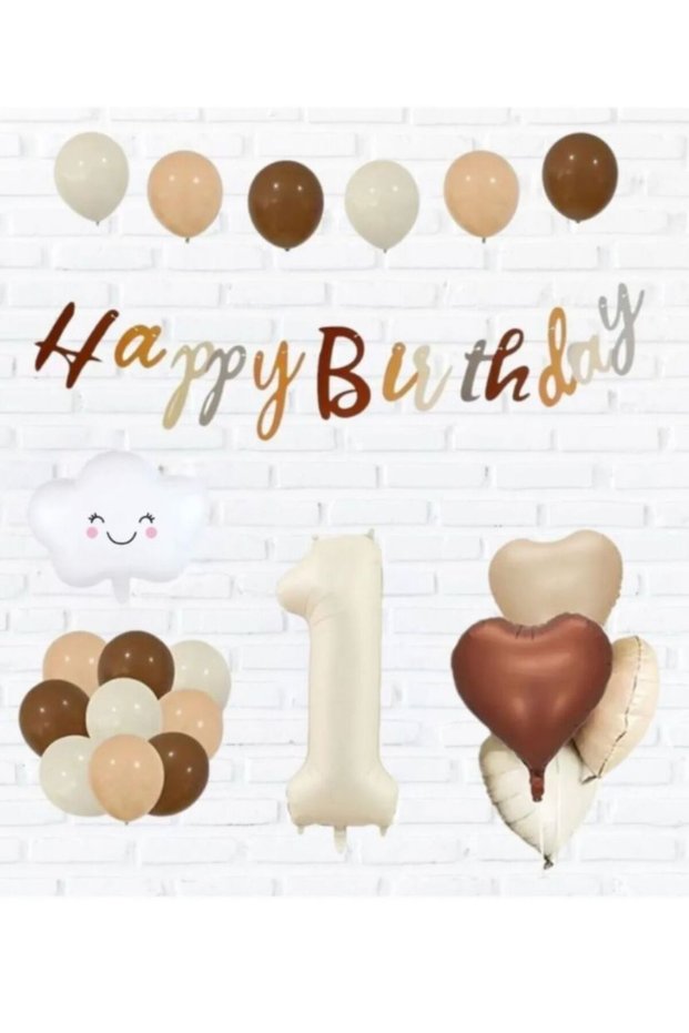 1 Year Birthday Retro Happy Birthday Banner Cloud Foil Balloon Heart Beige Balloon Party Set