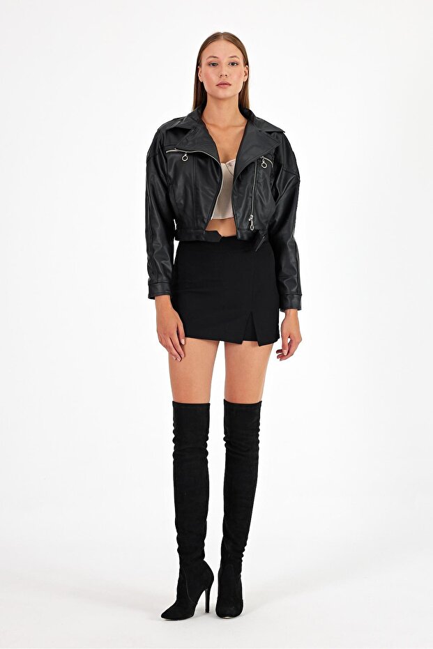 Women's Double Breasted Collar Crop Leather Jacket