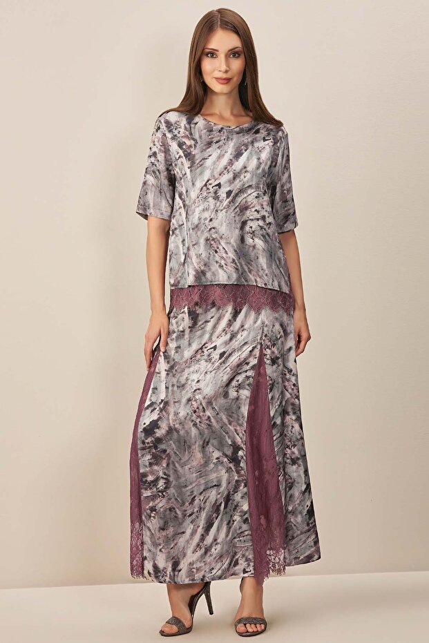 Gray Patterned Flared Skirt - 1