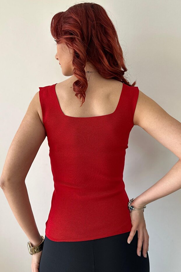 Kadın Askılı Kare Yaka Triko Örme Atlet Bluz - 4