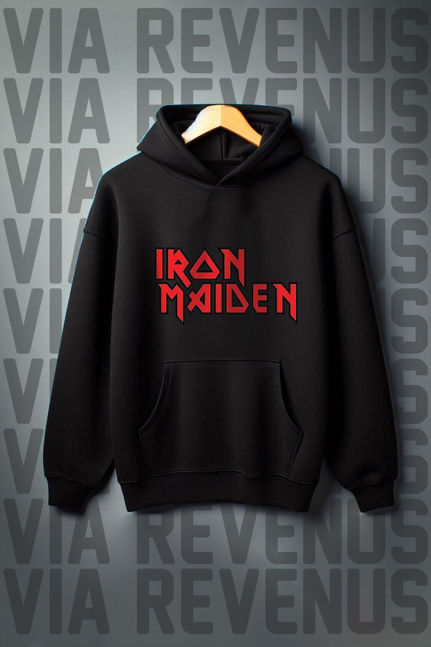 Iron Maiden Printed Kangaroo Pocket 3 Thread Raised Oversize Wide Fit Hooded Sweatshirt