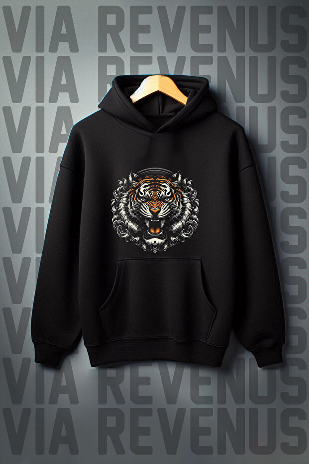 Tiger Printed Kangaroo Pocket 3 Thread Threaded Wide Fit Black Hooded Sweatshirt