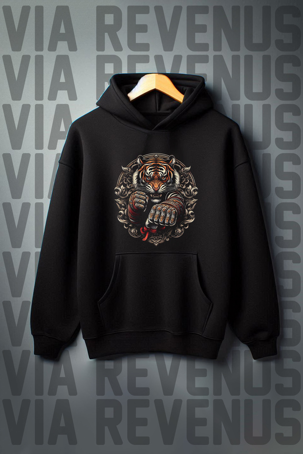 Kangaroo Printed - 3 Thread Black Hooded Wide Sweatshirt