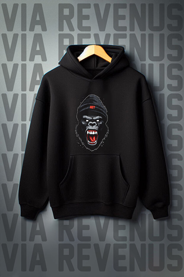 Gorilla Printed Kangaroo Pocket 3 Thread Raster Oversize Wide Fit Hooded Sweatshirt