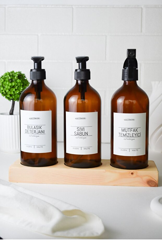 3-Piece Wooden Stand Liquid Soap Dishwashing Liquid Kitchen Cleaner White Label Amber 500ml