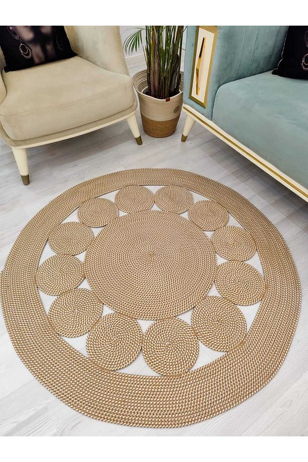 jüt Hasır görünümlü Desenli Modern El Örgüsü daire Halı Kilim - 4