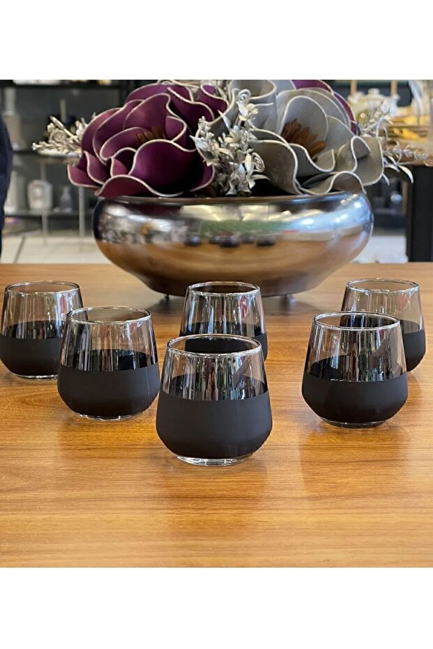 Set of 6 Bottom Black Top Smoke Coffee-Glass Side Water Glass, For Dowry, Gift