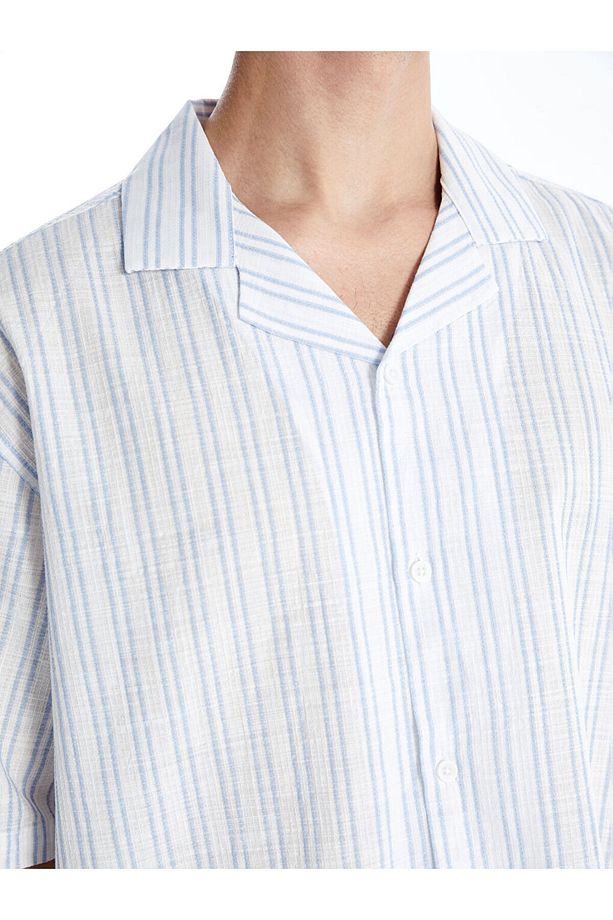 Regular Fit Kısa Kollu Çizgili Poplin Erkek Gömlek - 4