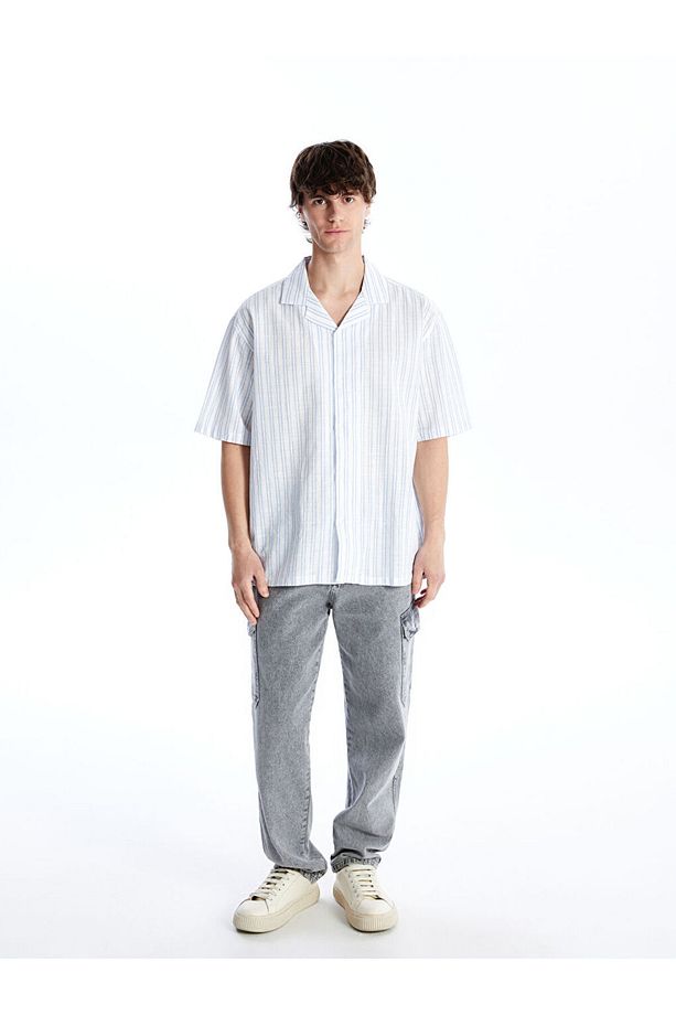 Regular Fit Kısa Kollu Çizgili Poplin Erkek Gömlek - 2