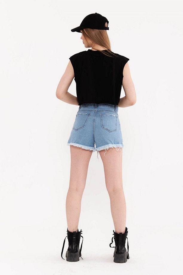 Mavi Yüksek Bel Lazer Yırtıklı Mini Denim Şort - 4
