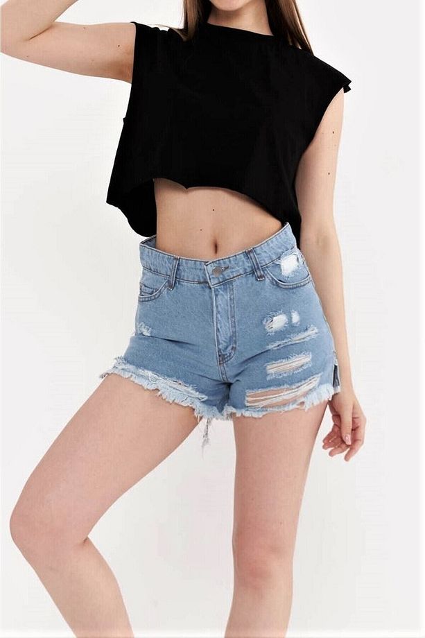 Mavi Yüksek Bel Lazer Yırtıklı Mini Denim Şort - 3