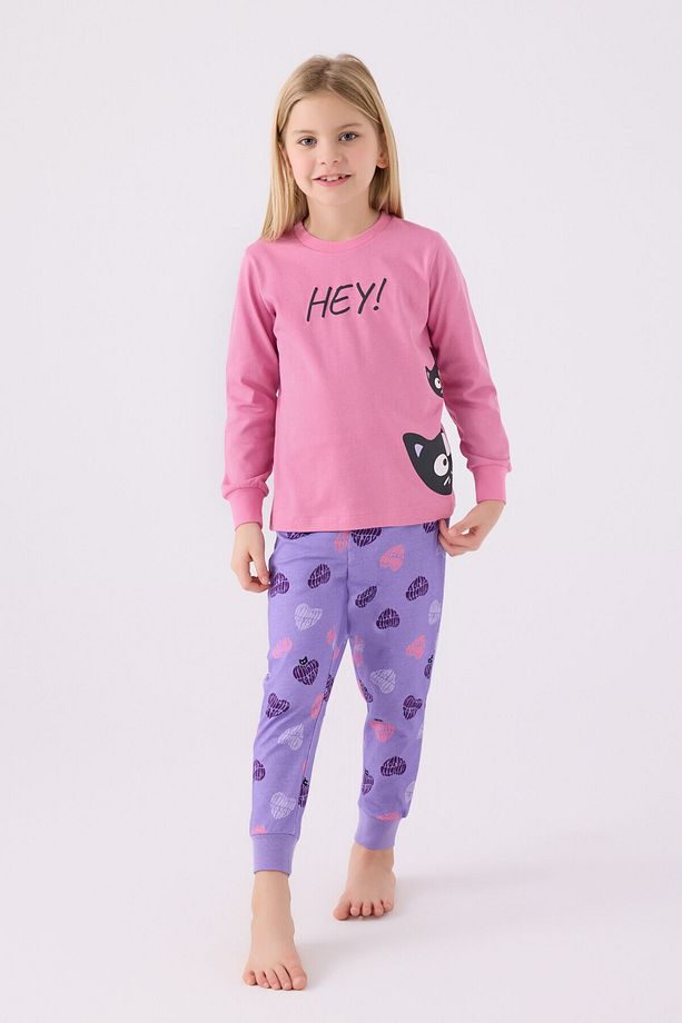 Kız Çocuk Pembe Uzun Kol Pijama Takım - 1