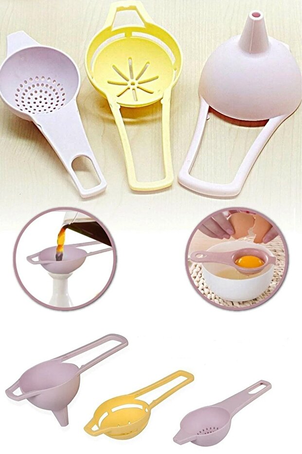 3 قطع من فاصل البيض ومصفاة الشاي وقمع صغير - 3