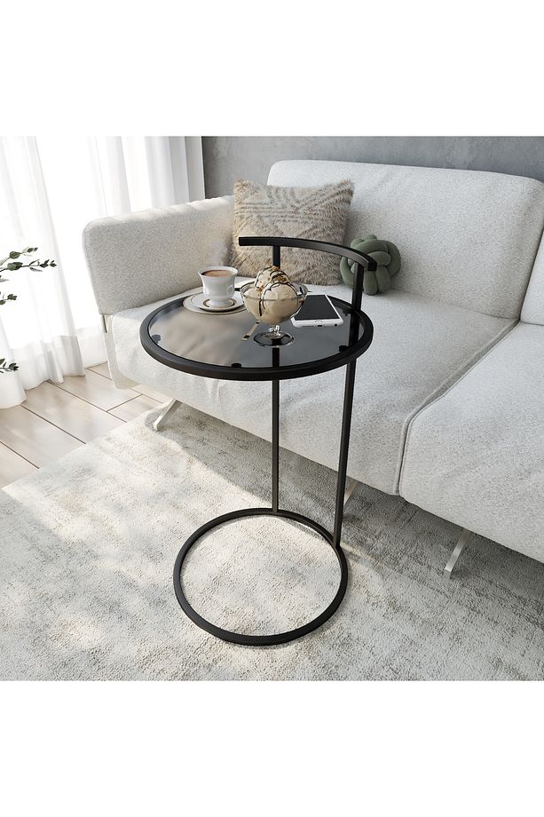 Simi Camlı Yuvarlak C Sehpa - Siyah - 40 cm - 6