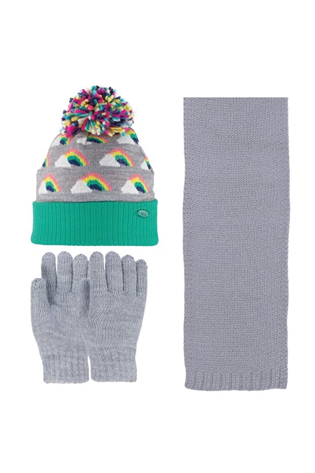Girl's Gray Fleece Inside Scarf Gloves Beret Triple Set
