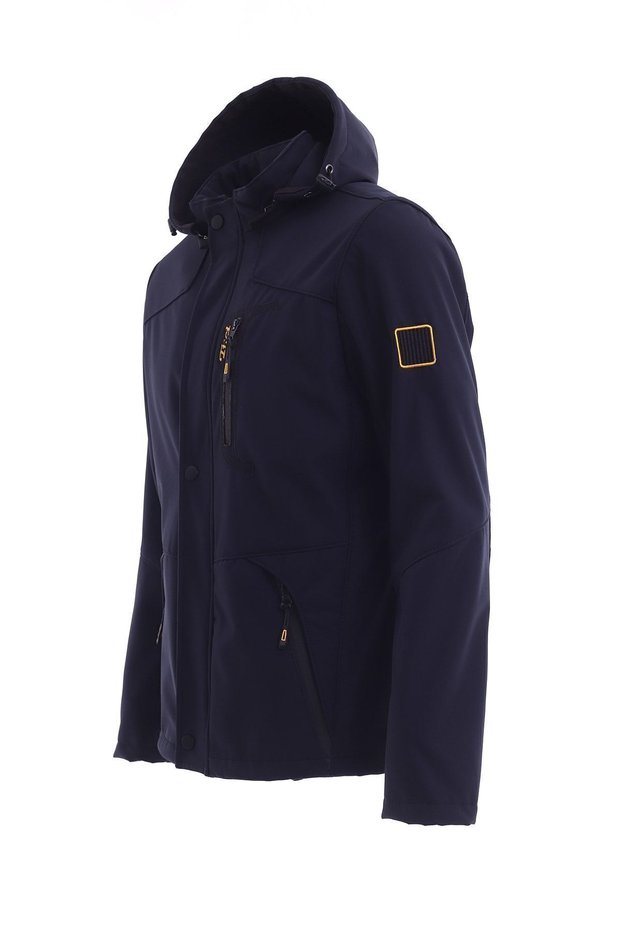 Men's Navy Blue Hooded Outdoor Water and Windproof Softshell Sports Coat