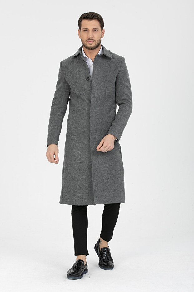 Men's Gray Slim Fit Long Wool Blend Stitched Shirt Collar Coat&Coat