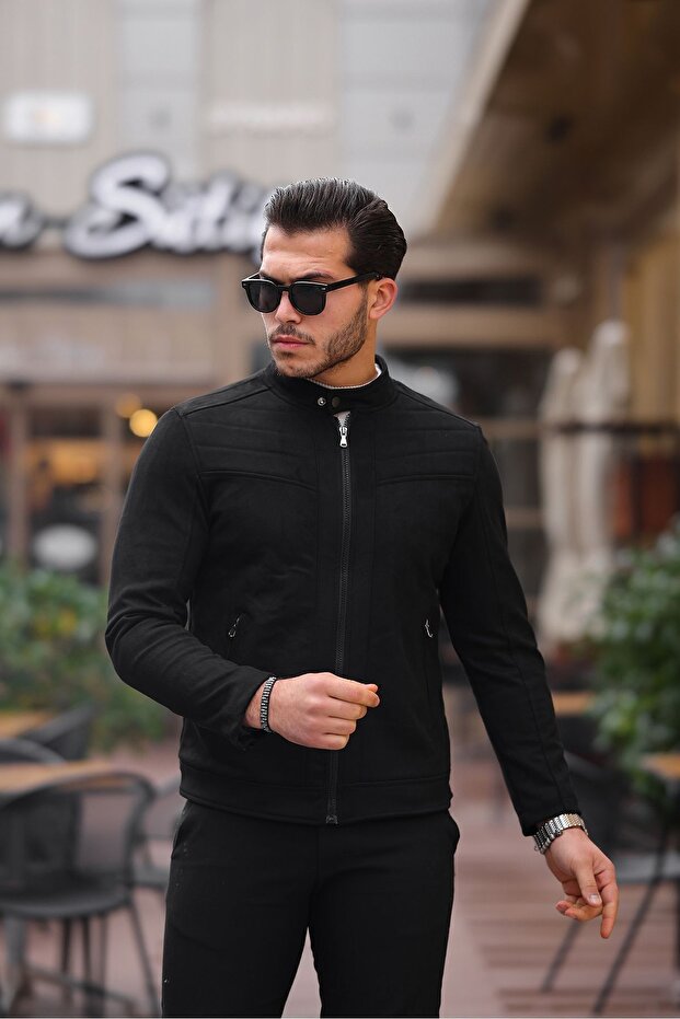 Men's Black Seasonal Slim Fit Suede Jacket & Coat