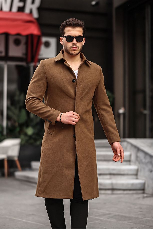 Erkek Taba Dar Kesim Uzun Yün Karışımlı Kaşe Gömlek Yaka Palto&kaban - 3