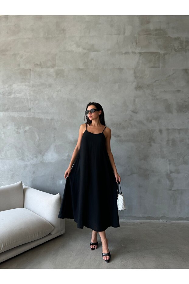 Women's Linen Adjustable Rope Strap Midi Dress