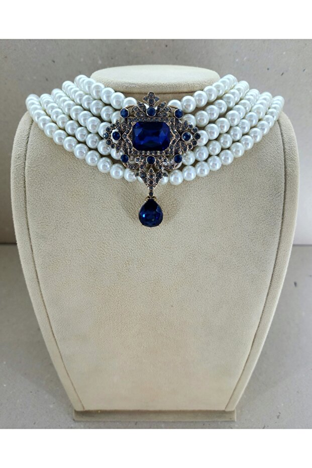 Glass Pearl Collar Necklace Designed Using Ancient Brooch with Sapphire Zircon Stone
