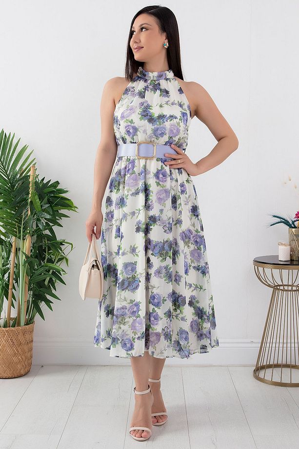 Halter Yaka Midi Çiçekli Elbise GRS3432 - 1
