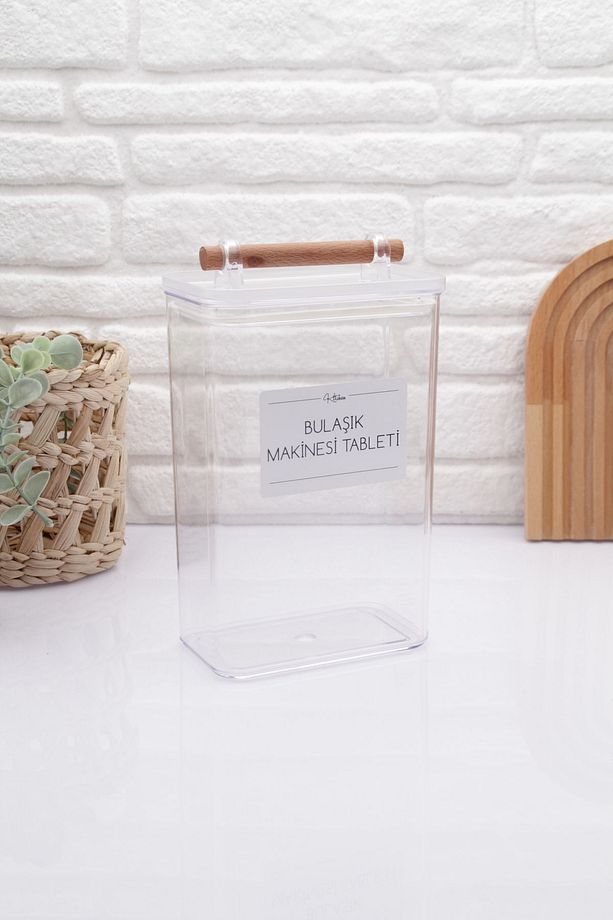 Ahşap Kulplu Vakumlu Şeffaf Bulaşık Makinesi Tableti Kavanozu 2000ML - 2