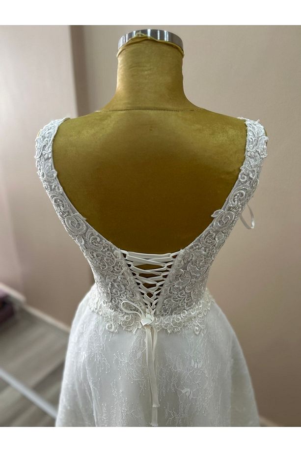 Helen Model Midi Boy Fransız Dantel Pul Işlemeli Krem Renk Nikah, After Party Elbisesi - 7