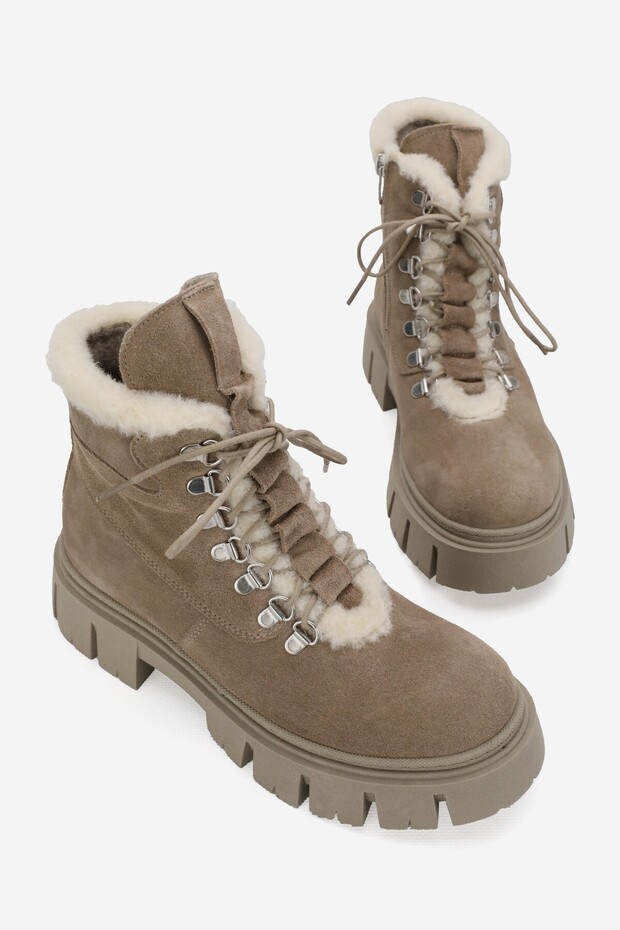 Women's Beige Suede Genuine Natural Leather Lace-Up Fur Boots & Booties