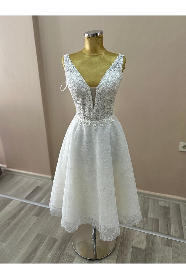 Helen Model Midi Boy Fransız Dantel Pul Işlemeli Krem Renk Nikah, After Party Elbisesi - 1